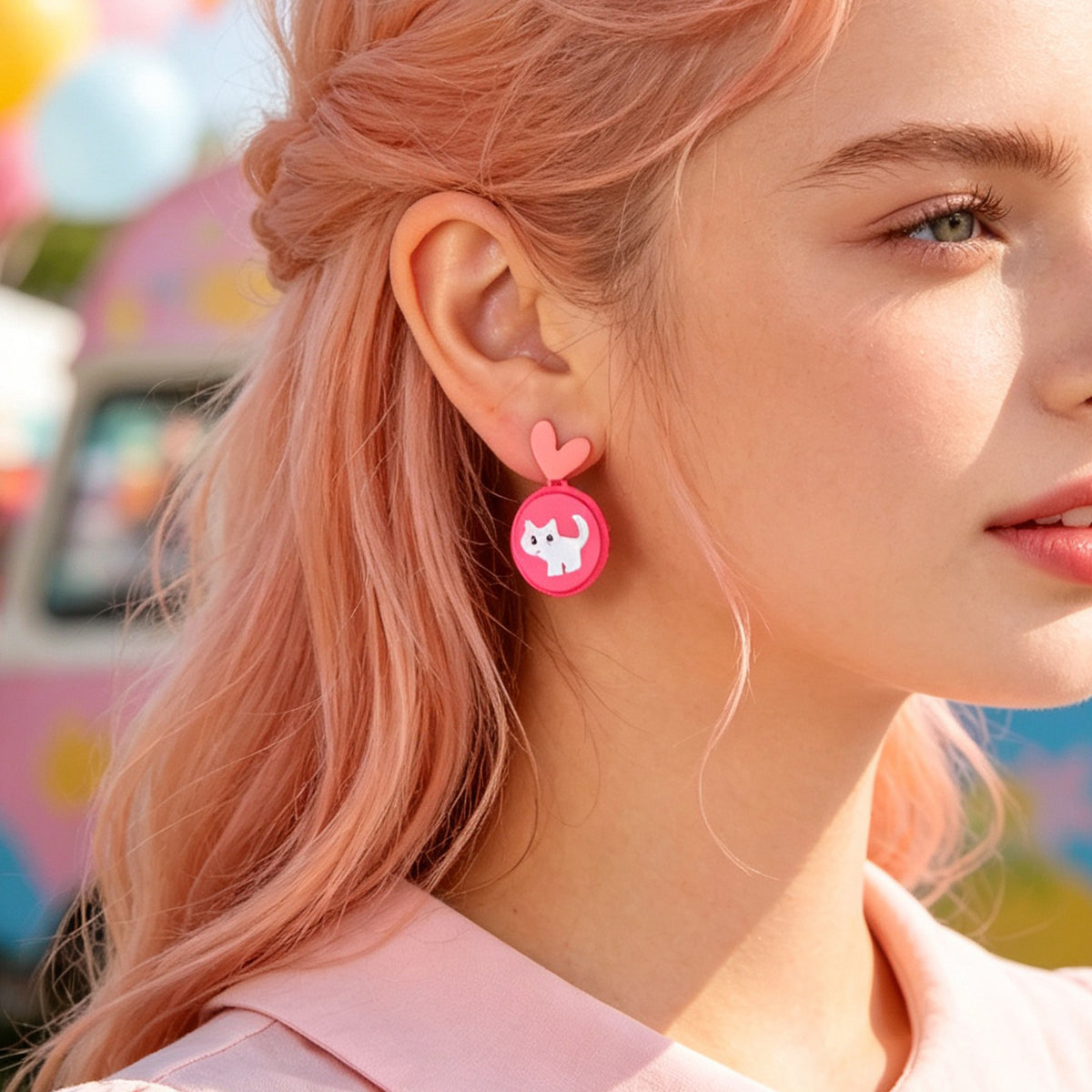 Cute Hotpink Heart Cartoon White Cat Drop Earrings Sweet Lovely Jewellery Gift