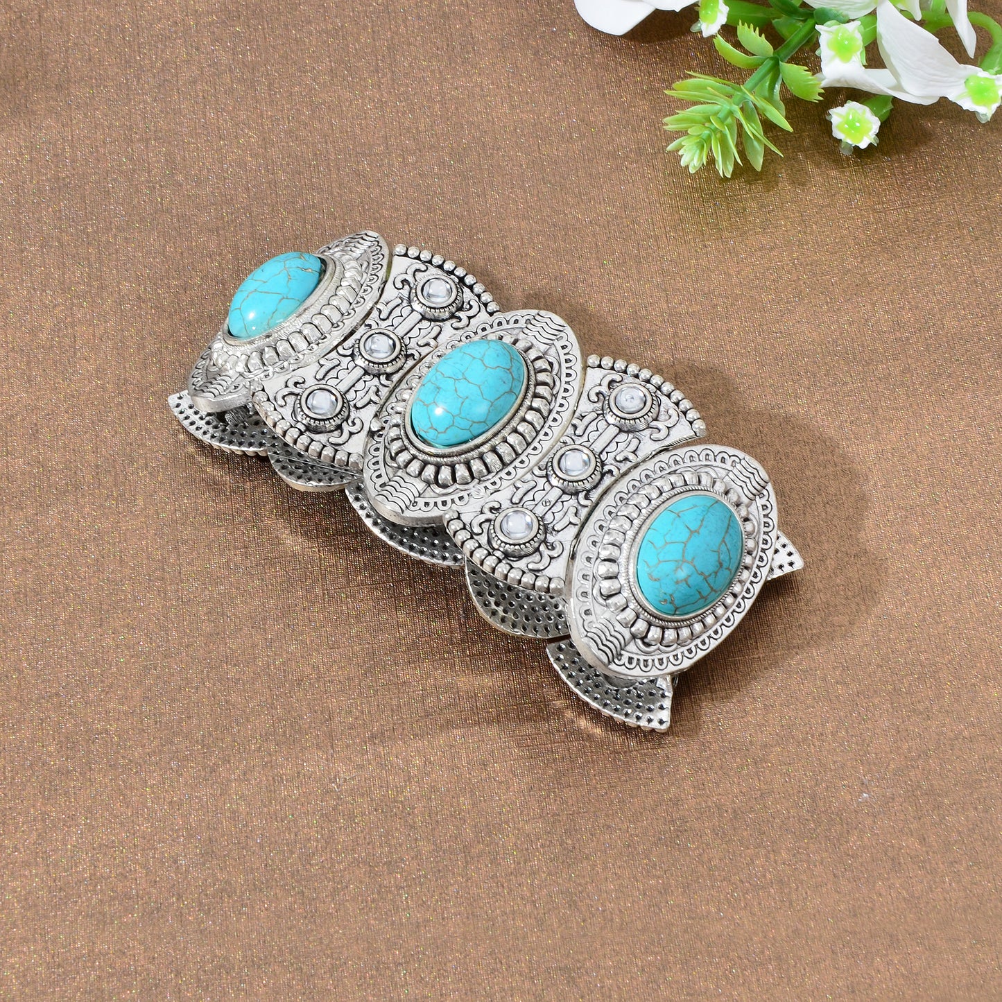 Turquoise Decor Carved Antique Silver Wide Chunky Bohemia Elastic Bangle