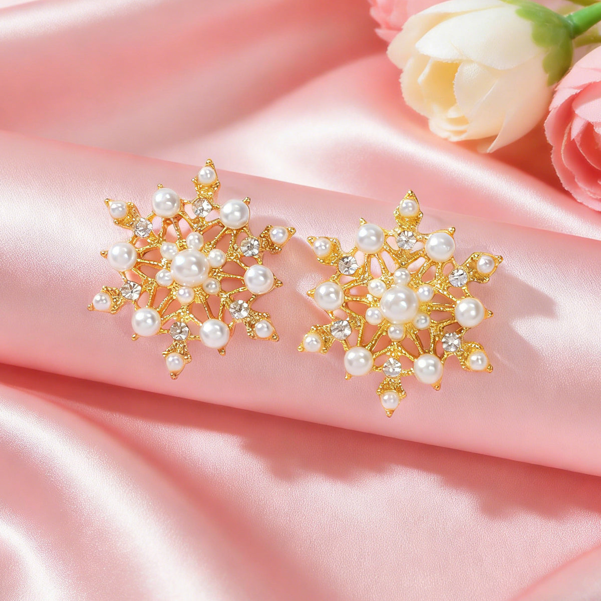 Pearl Rhinestone Gold Snowflake Stud Earrings Women Christmas Party Decoration