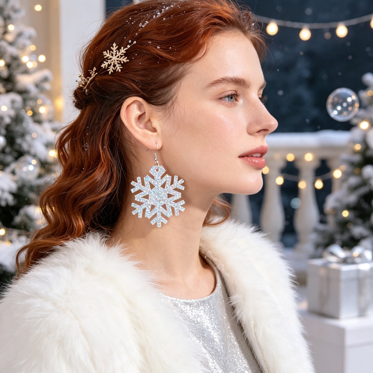 Christmas Silver Snowflake Dangle Hook Earrings Winter Holiday Party Jewellery