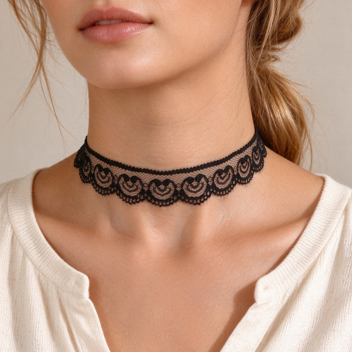 Vintage Sexy Heart Black Gothic Victorian Scalloped Lace Choker Collar Necklace