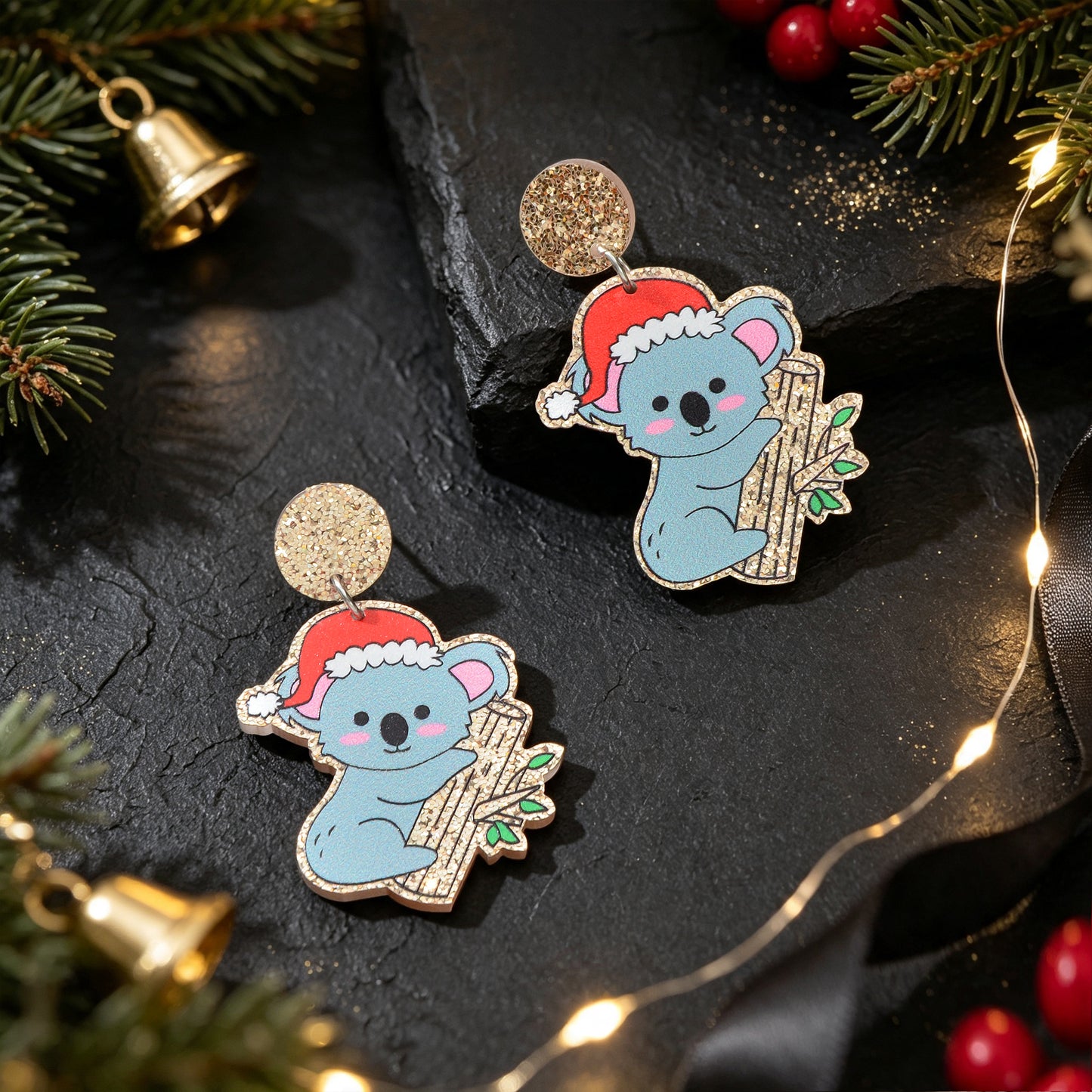 Christmas Santa Hat Koala Dangle Earring Cute Xmas Holiday Party Costume Jewelry