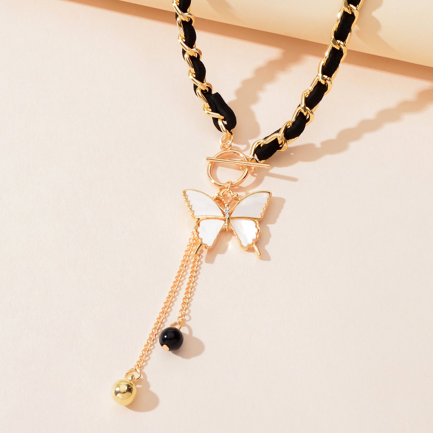 1pc Designer Stylish Butterfly Charm and Ball Pendant Tassel Braided Long Necklace Women Party Daily Jewelry