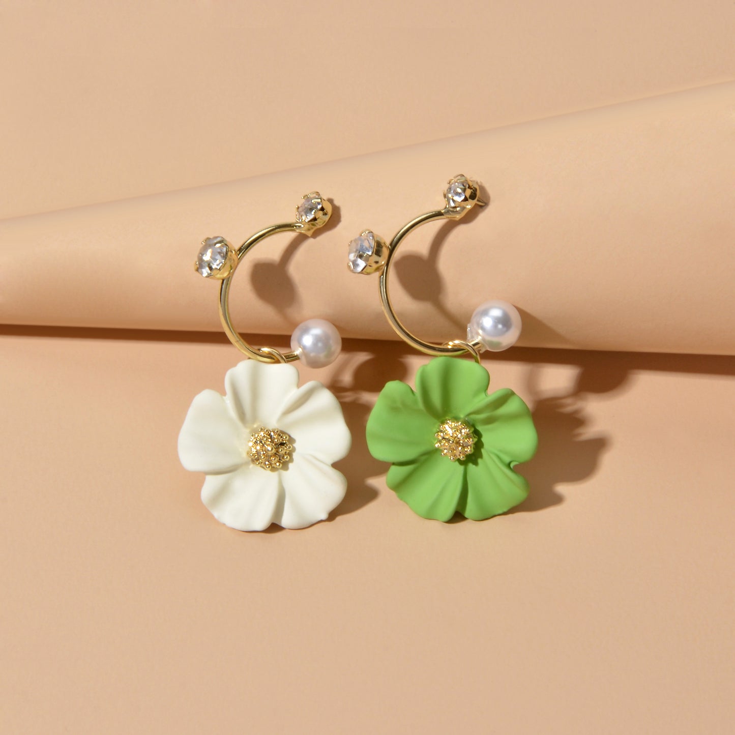 Ladies Jewellery Rhinestone Pearl Yellow Green Flower Asymmetric Dangle Earrings