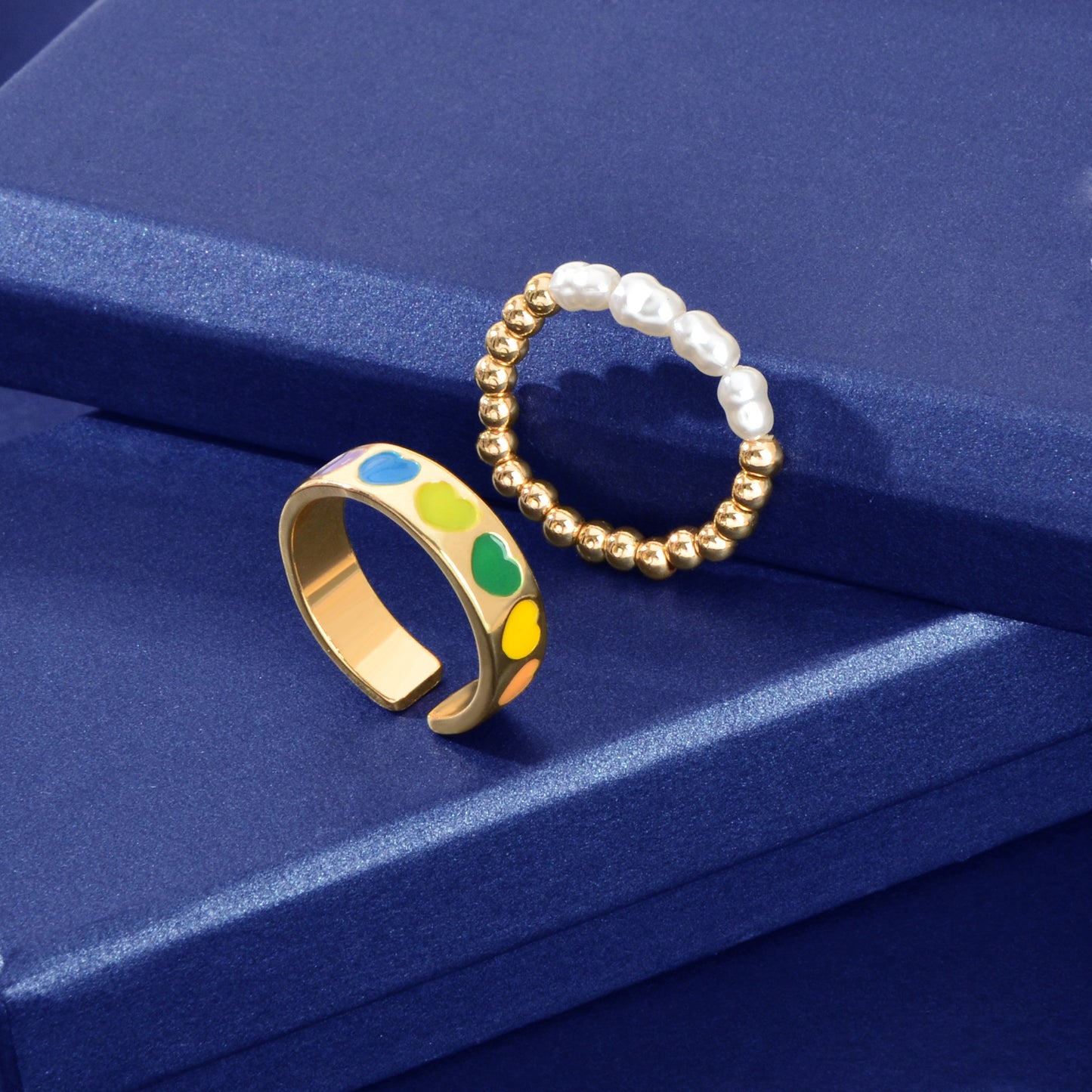 2 pcs Pearl Decor Elastic Ring Colorful Love Heart Enamel Finger Rings Jewellery