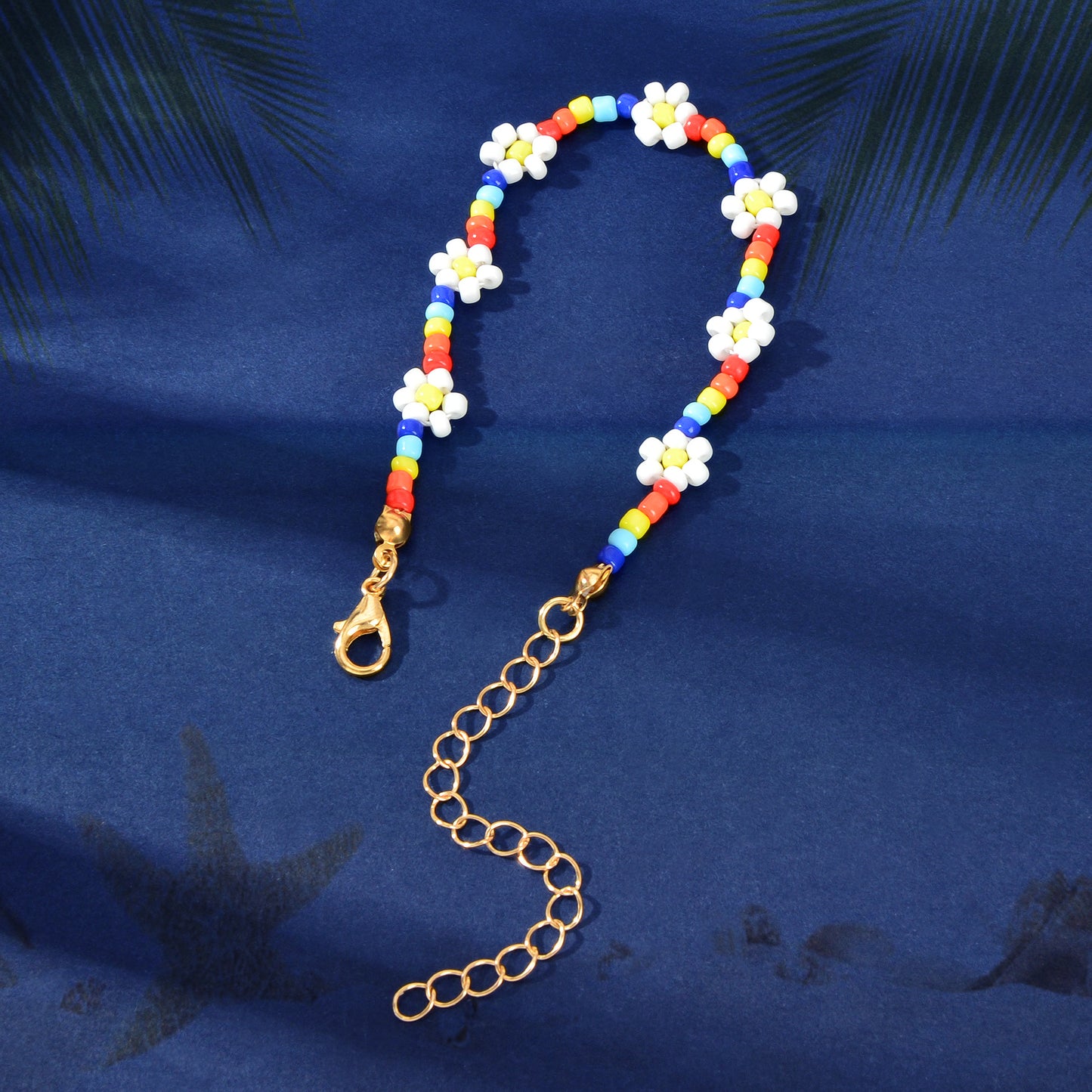 Bohemian Handmade Blue White Beaded Braided Flower Beach Anklet Foot Jewellery