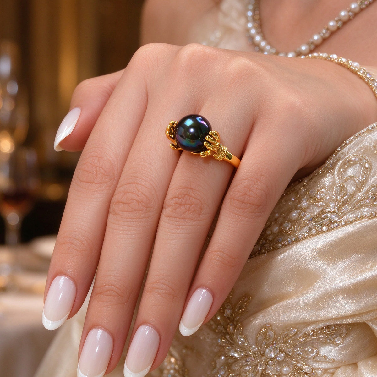 Vintage Gold Hand Holding Black Beads Finger Ring Unique Daily Party Jewellery