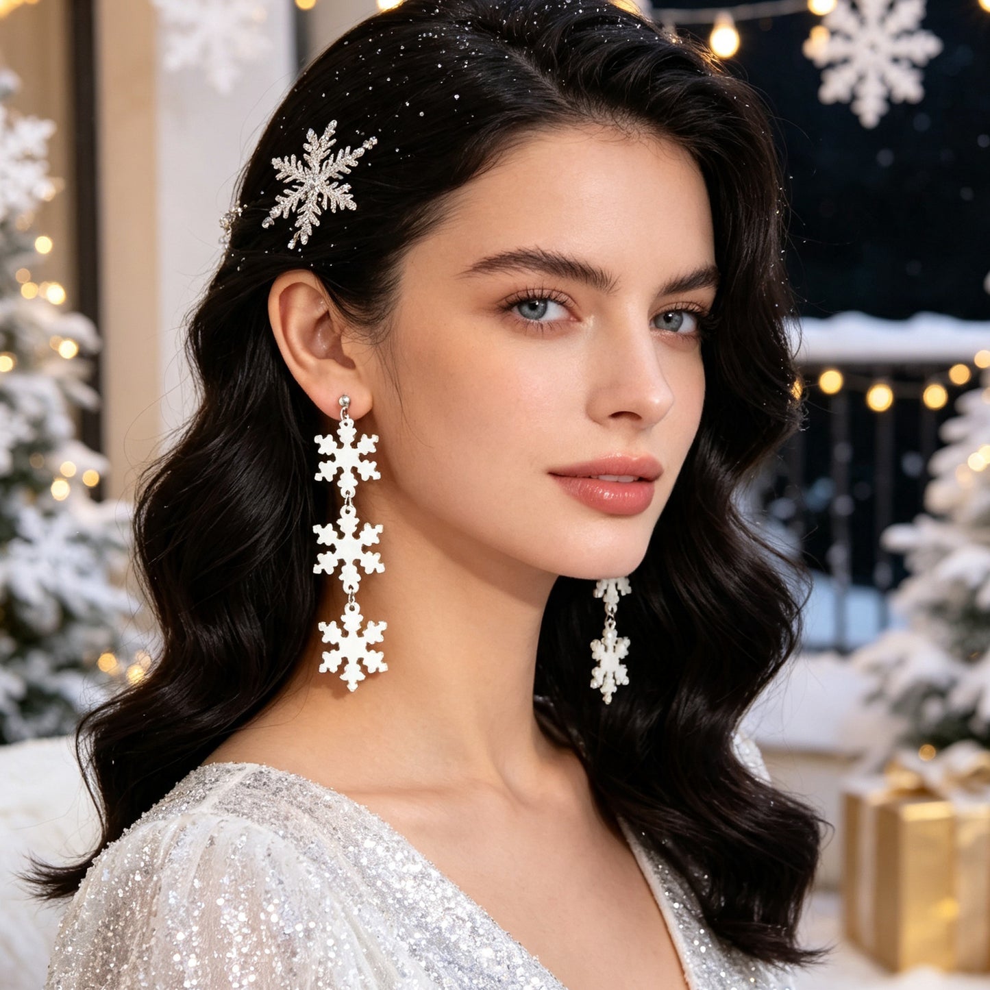Romantic Silver Triple Snowflak Acrylic Dangle Earrings Lightweight Christmas Festival Jewelry