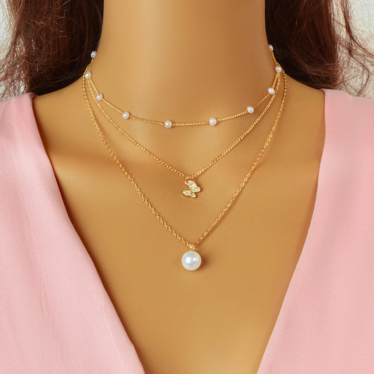 3 pcs Exquisite Pearl Rhinestone Gold Chain Layered Butterfly Pendant Necklace