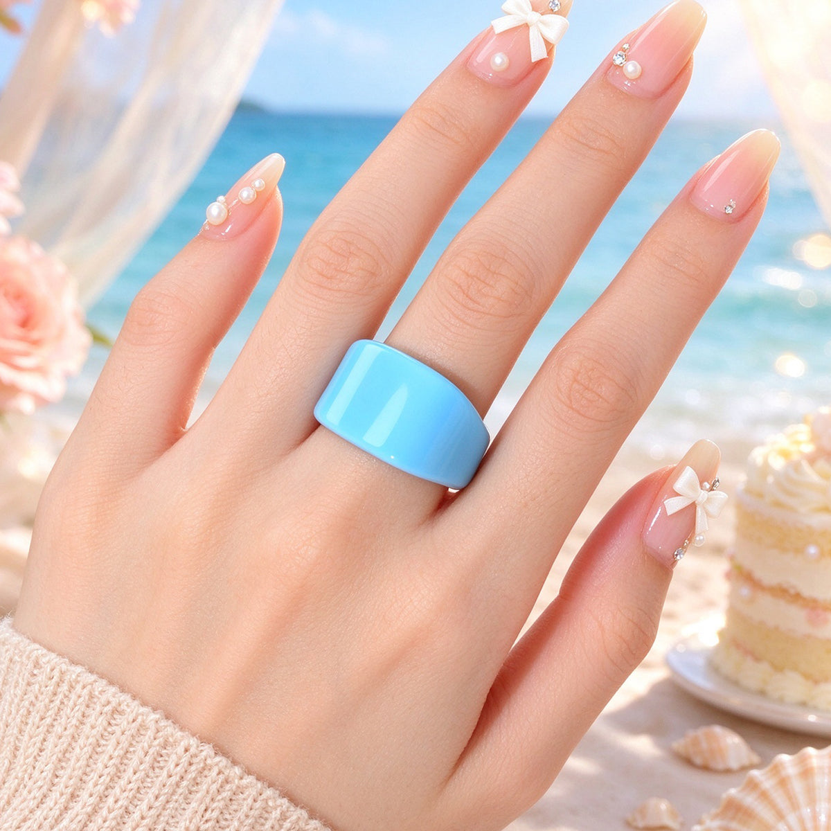 Blue Resin Wide Band Adjustable Open Finger Ring Boho Daily Vacation Jewellery