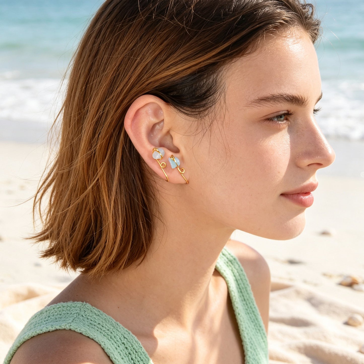 2PCS Gold Ear Cuff Blue Stone Simple Summer Beach Non-Pierced Ear Clip Earrings