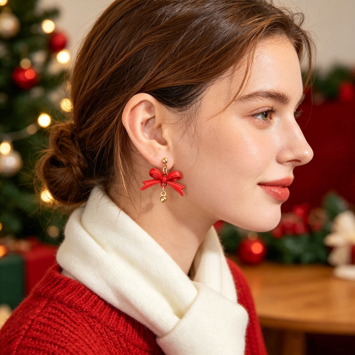 Christmas Jewelry Red PU Leather Bow Dangle Earrings Sweet Cute Party Festival Accessories