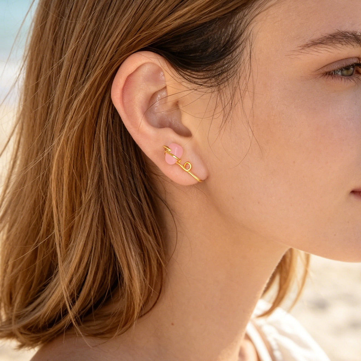 2pcs Boho Pink Stone Clip‑On Ear Cuffs Gold No Piercing Earrings Simple Jewelry