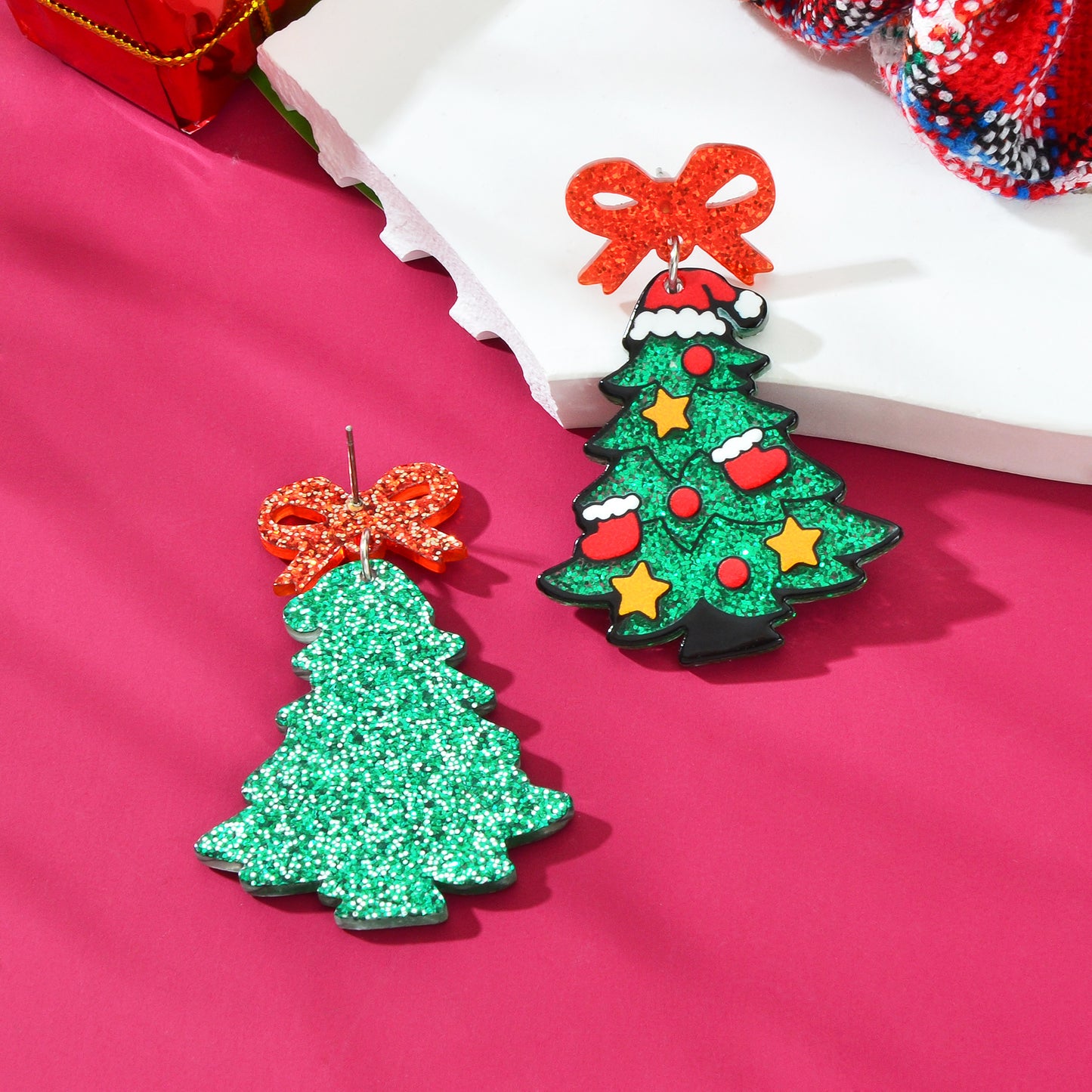 Shining Sequin Decor Acrylic Bow Christmas Tree Dangle Earrings Festival Jewelry