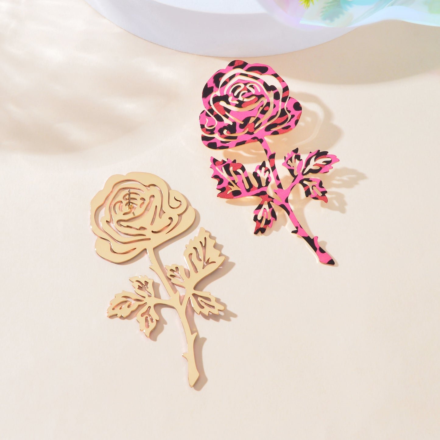 Fashion Preppy Hot Pink Hollow Metal Rose Flower Big Stud Earrings Women Anniversary Prom Jewelry