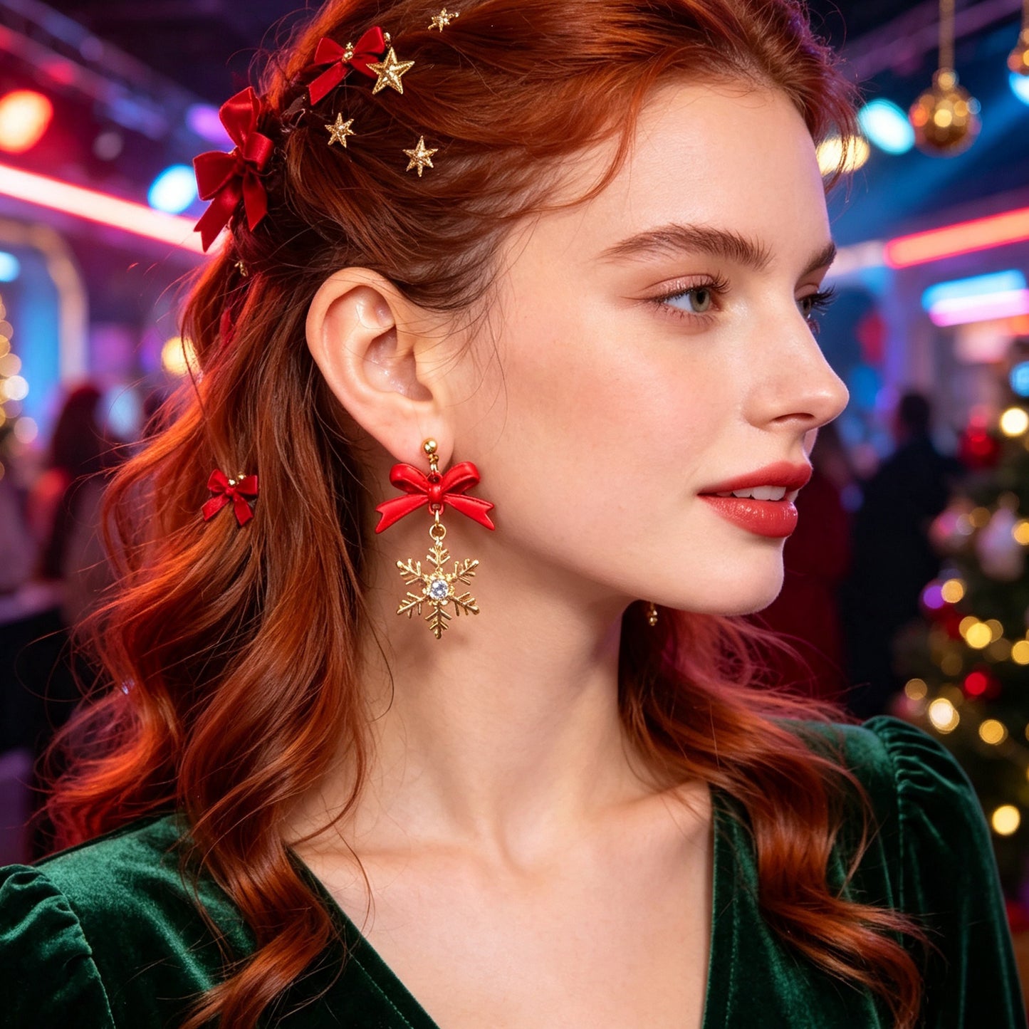 Christmas Sweet Red Bow Gold Snowflake Dangle Earring Xmas Holiday Party Jewelry