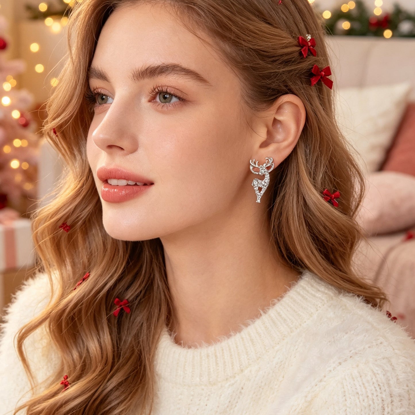 Sparkling Rhinestone Silver Reindeer Stud Earring Christmas Xmas Fashion Jewelry