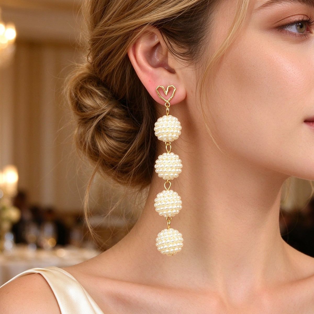 Wedding Bridal Party Gold Heart Stud Long Imitation Pearl Ball Dangle Earrings