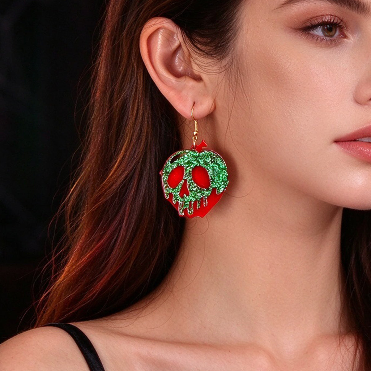 Halloween Gothic Red Green Glitter Skull Dangle Hook Earrings Cosplay Jewellery