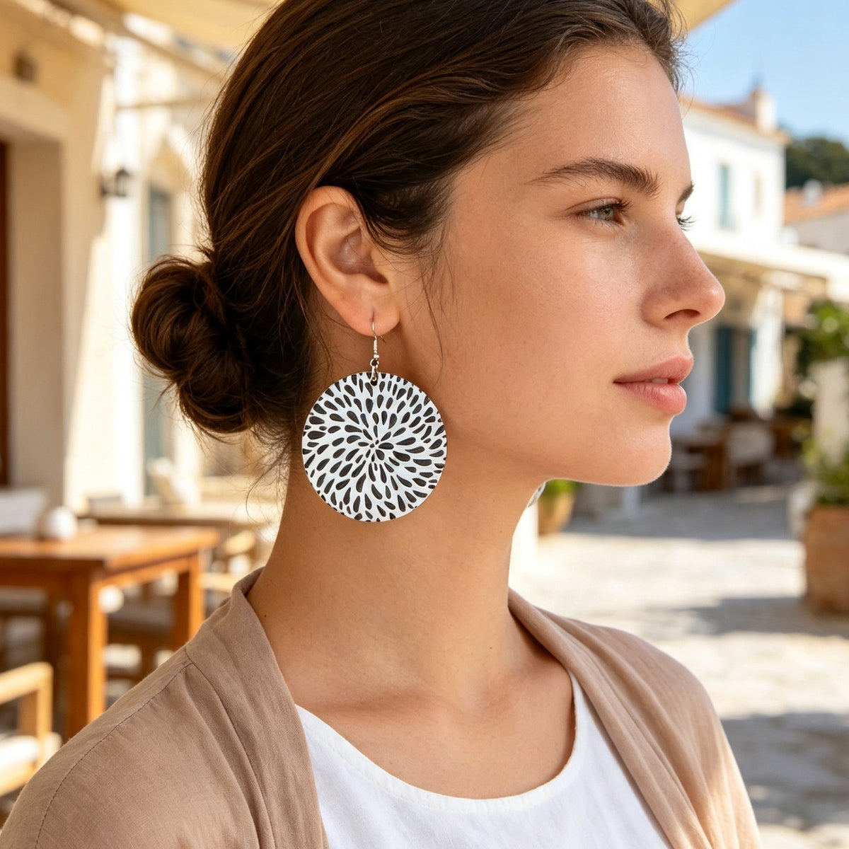 Black White Floral Pattern Lightweight Acrylic Round Geometric Earrings Retro Vacation Jewelry