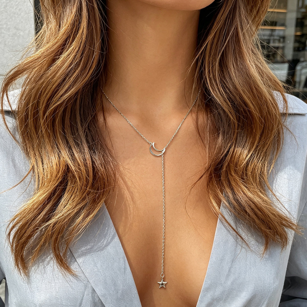 Gold Silver Moon Star Y Shaped Adjustable Long Necklace Dainty Leisure Jewellery