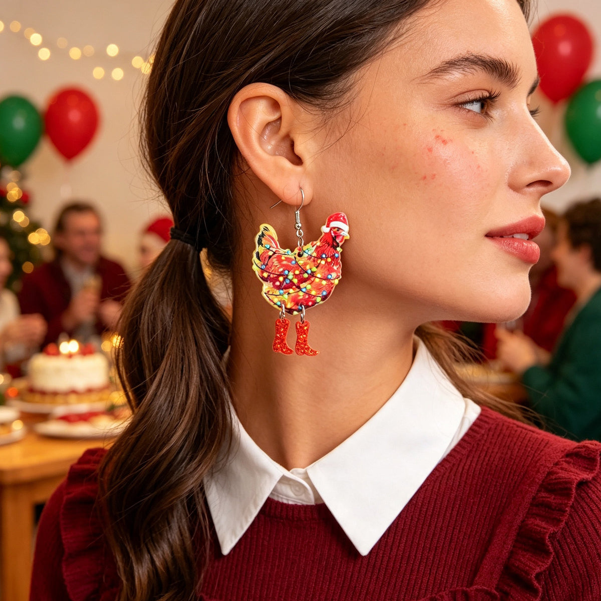 Christmas Chicken Dangle Earrings Santa Hat Red Boots Colorful Light Decor Funny Animal Jewelry