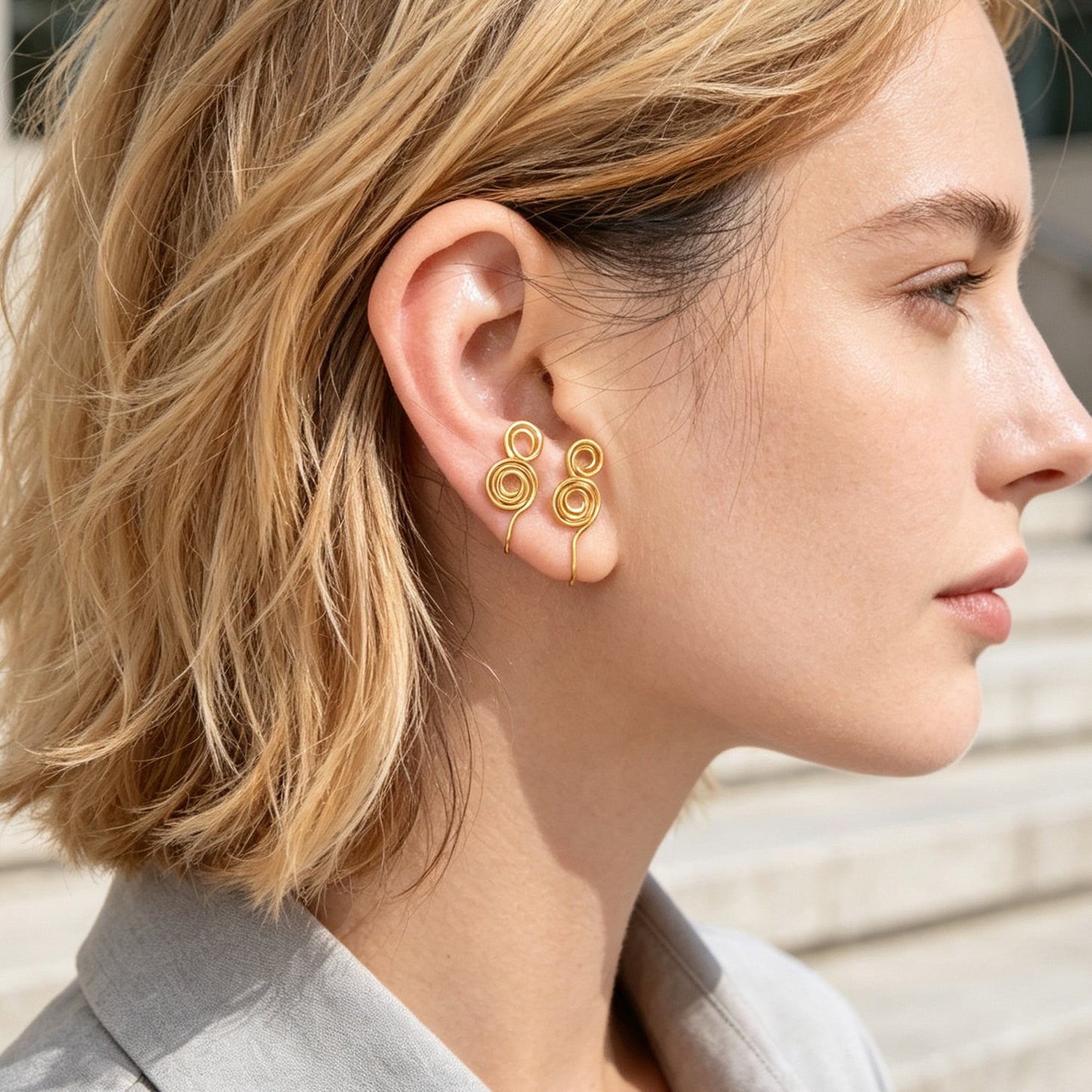 2pcs Punk Spiral Clip‑On Ear Cuffs Gold Non‑Pierced Earrings Fashion Jewellery