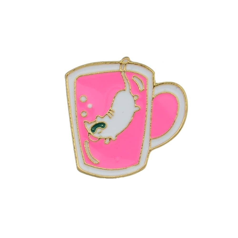 Creative Pink Cat Green Orange Enamel Coffee Cup White Tea Cup Brooch Jewellery