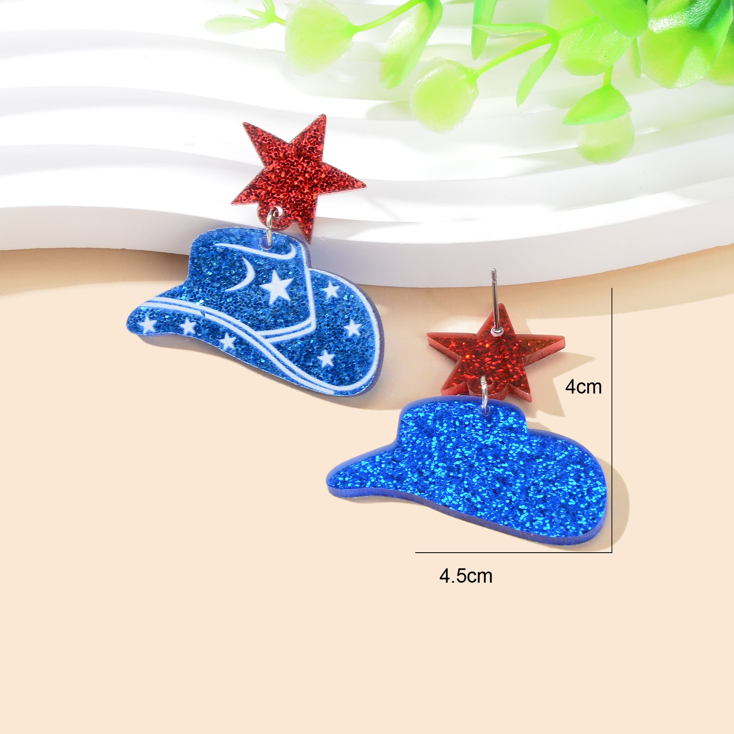 Designer Stylish Sequins Red Star Blue Cowboy Hat Acrylic Earrings Party Jewellery