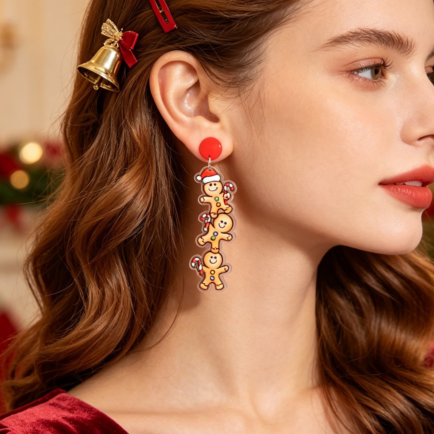 Festive Christmas Stacked Gingerbread Man Earrings Cute Holiday Party Accessory