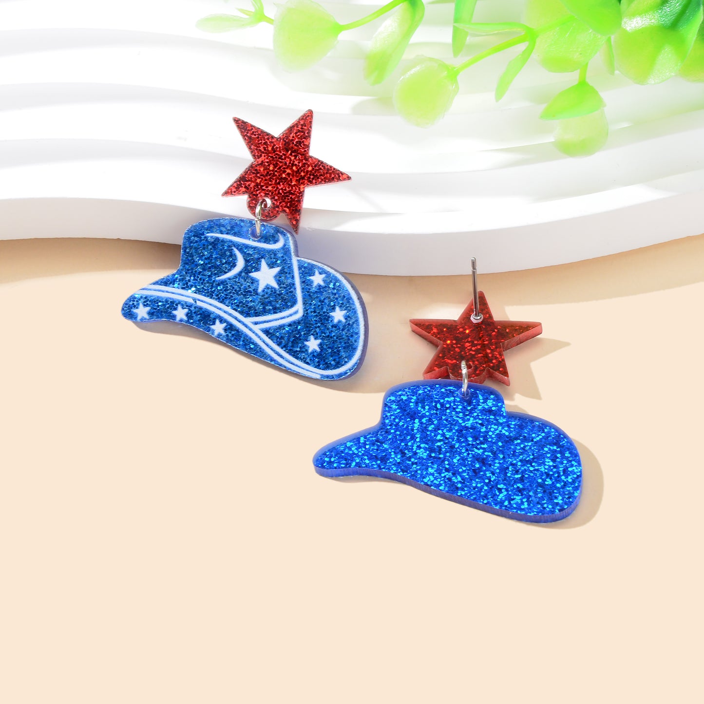 Designer Stylish Sequins Red Star Blue Cowboy Hat Acrylic Earrings Party Jewellery
