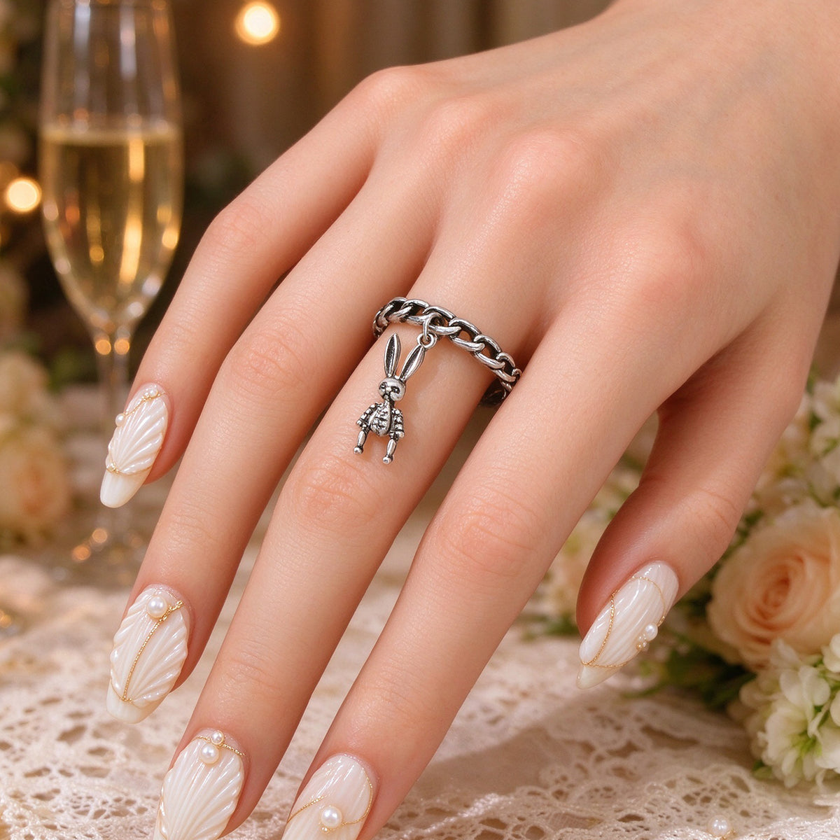 Gothic Antique Silver Skull Rabbit Open Finger Ring Halloween Hip Hop Jewellery