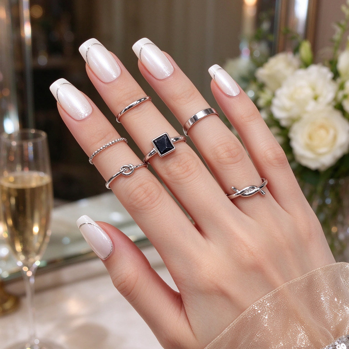 6pcs Minimalist Black Square Geometric Silver Gold Stackable Knotted Finger Ring