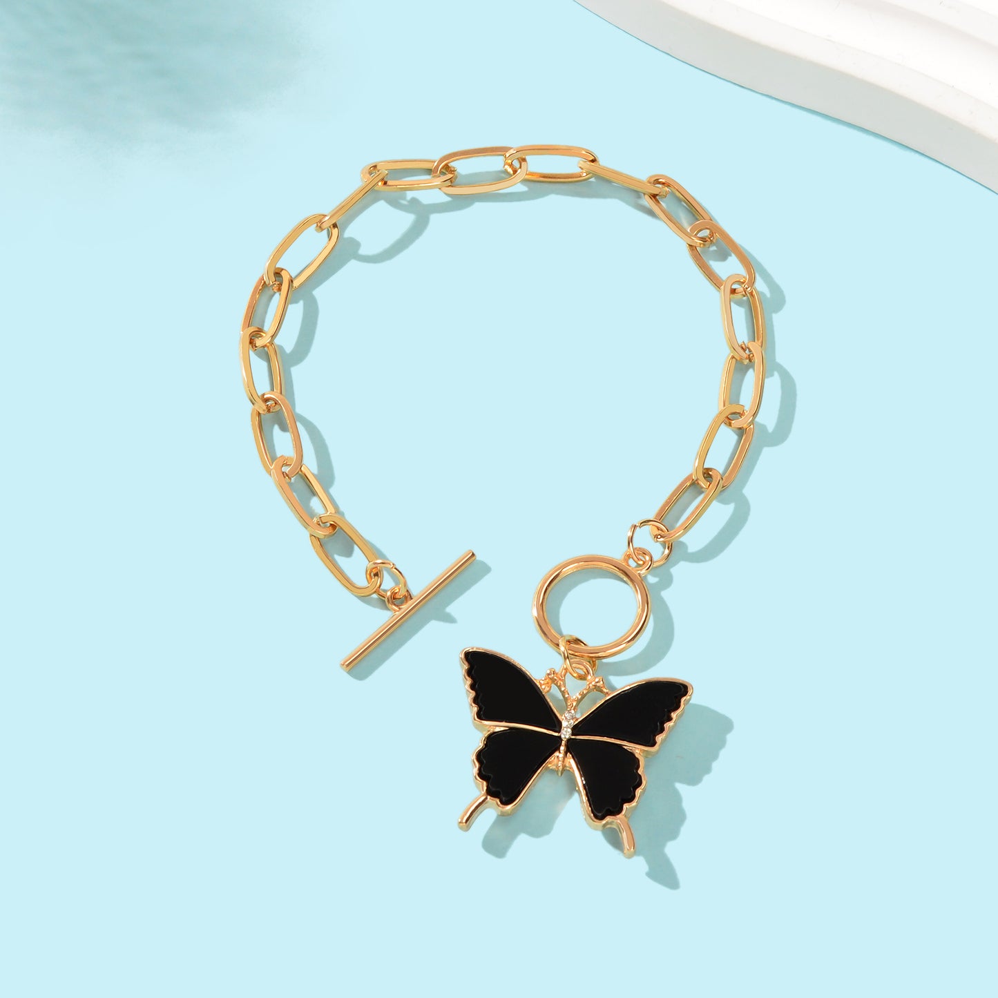 Elegant Thick Golden Link Chain Black Butterfly Charm Bracelet School Social Gatherings Party Jewelry