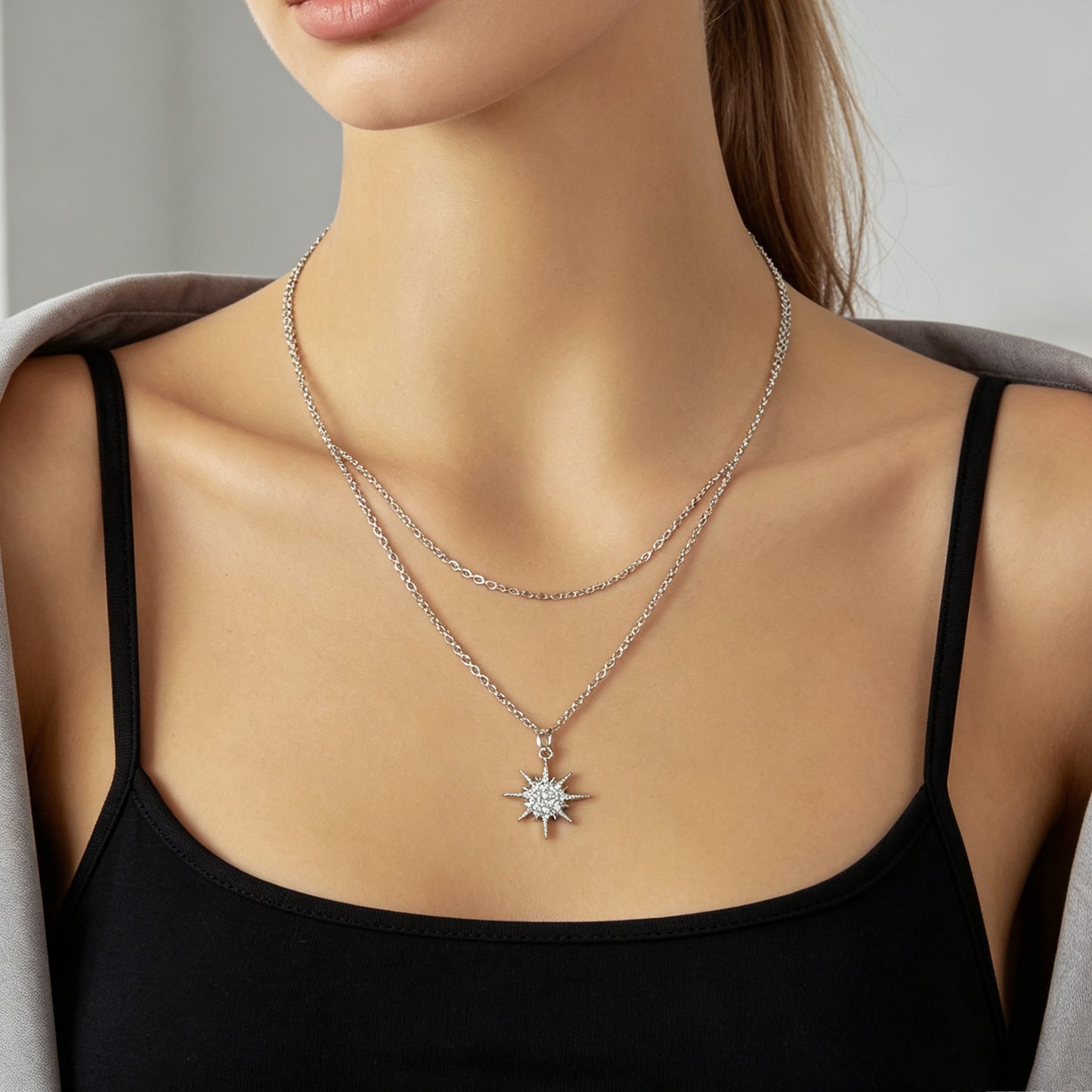 Silver Multi‑Chain Crystal Star Pendant Necklace Fashion Layered Jewellery Gift