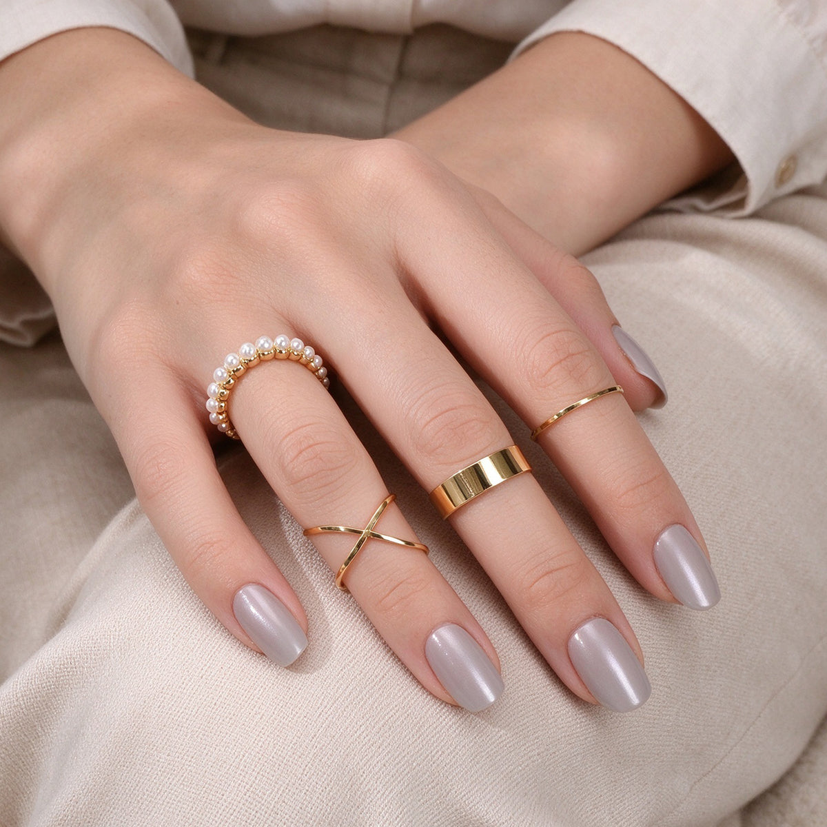 4pcs Gold Faux Pearls X Cross Wide Thin Stackable Knuckle Midi Finger Rings set