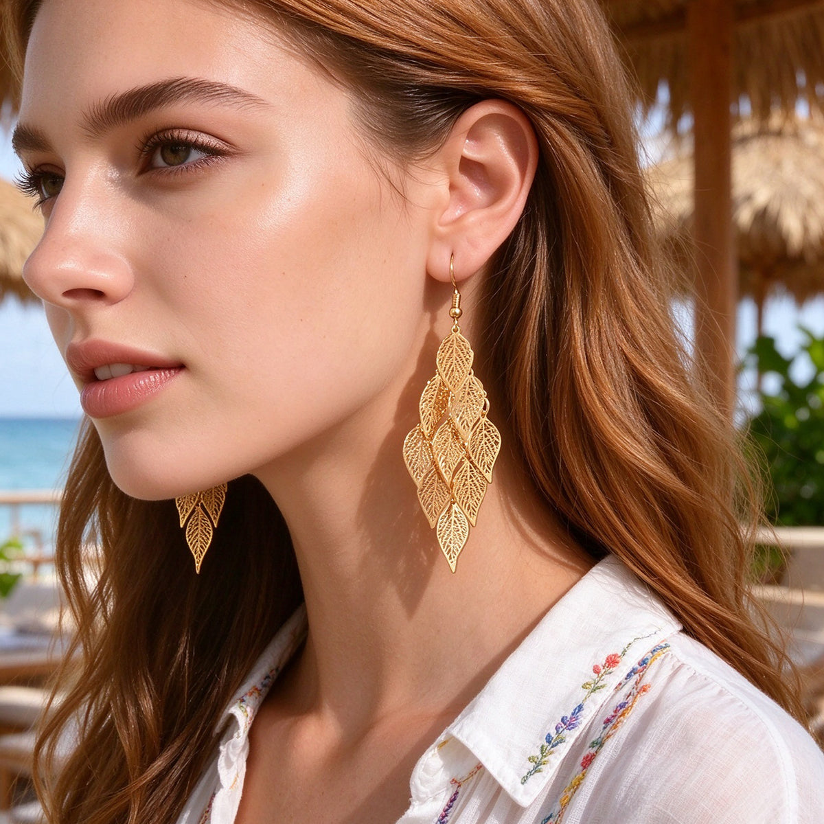 Hollow Multi Layer Leaf Tassel Dangle Earrings Boho Vacation Party Jewelry Gift