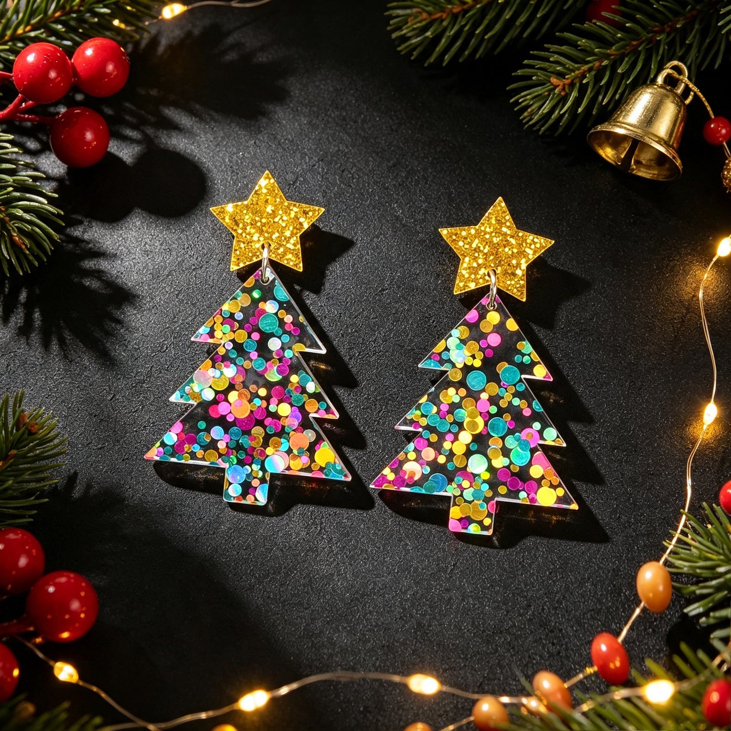 Christmas Tree Dangle Earrings Glitter Star Acrylic Colorful Xmas Party Jewelry