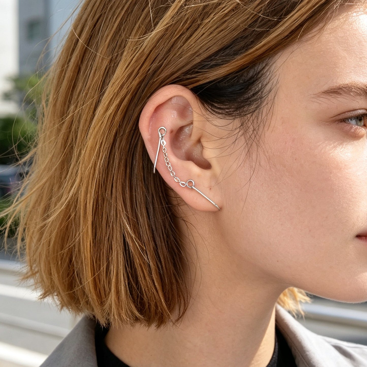 2pcs Hip Hop Street Chain Clip‑On Earrings Casual Simple Non‑Pierced Ear Cuffs
