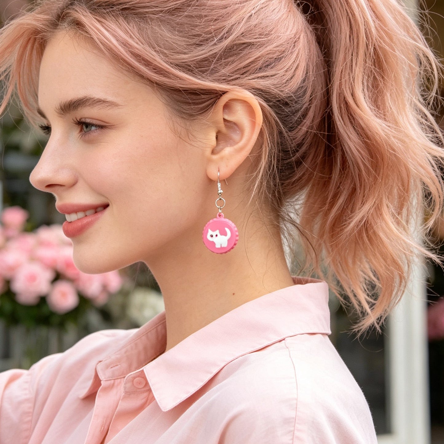 Cute White Cat Hotpink Bottle Cap Dangle Earrings Sweet Jewelry for Daily Party Gift