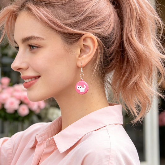 Cute White Cat Hotpink Bottle Cap Dangle Earrings Sweet Jewelry for Daily Party Gift