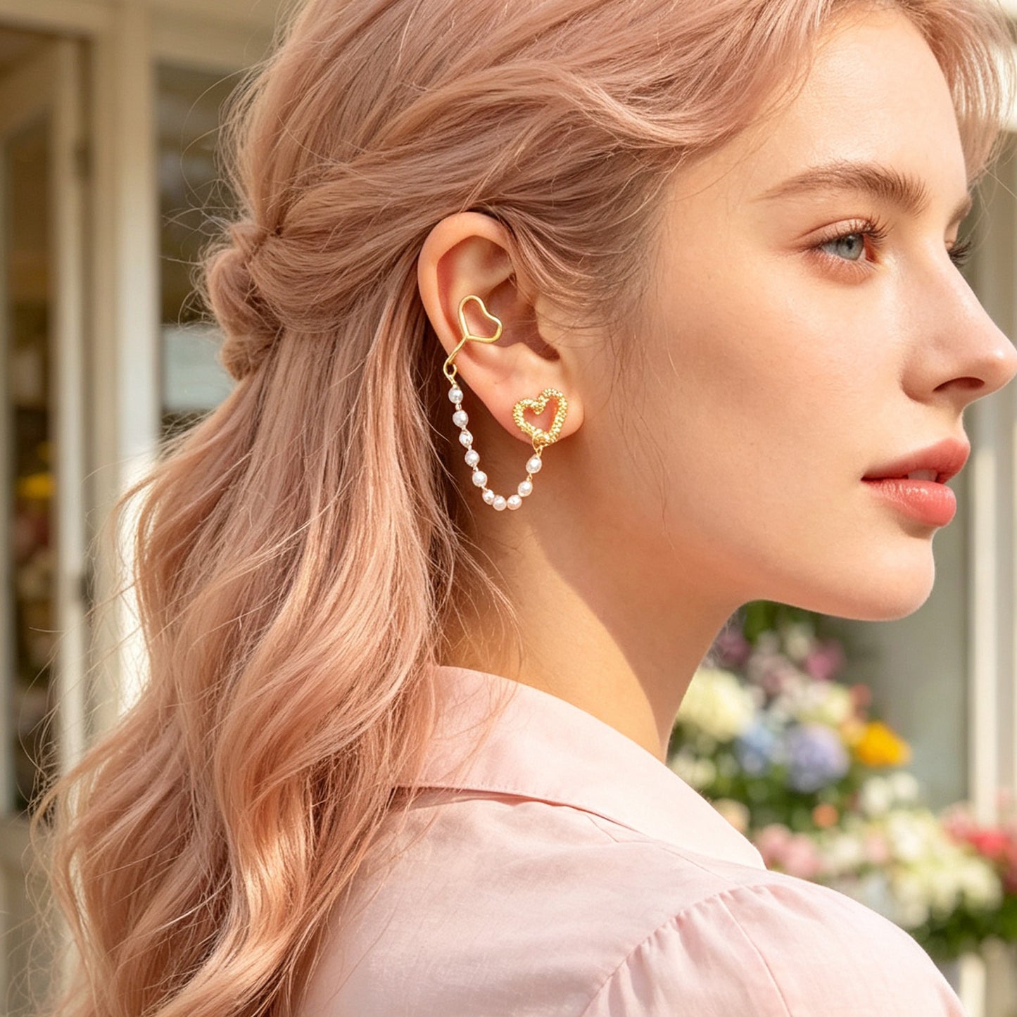 1 pc Gold Heart Imitation Pearl Chain Ear Cuff Climber Earring Romantic Dating Jewelry Festival Gift