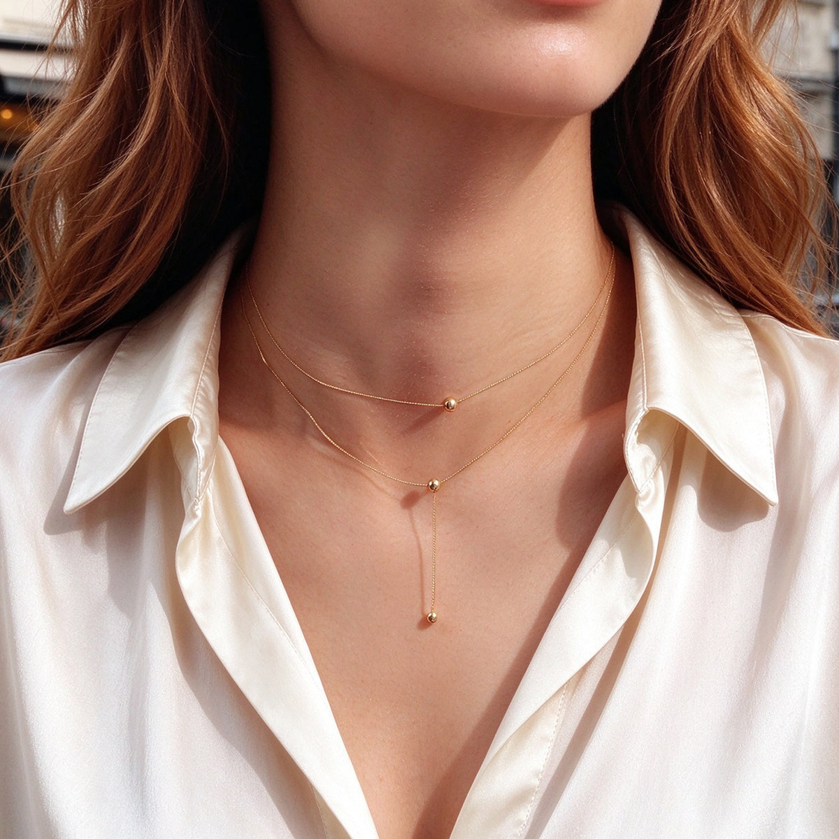 Dainty Layered Gold Y Adjustable Ball Bead Minimalist Chic Snake Chain Necklace