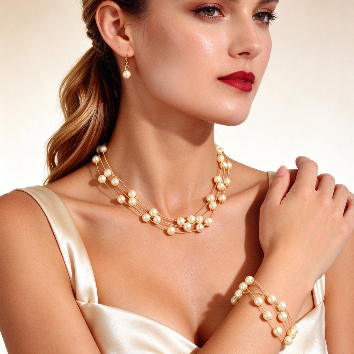 Wedding Party Set Layered Gold Chain Imitation Pearl Necklace Bracelet Earrings