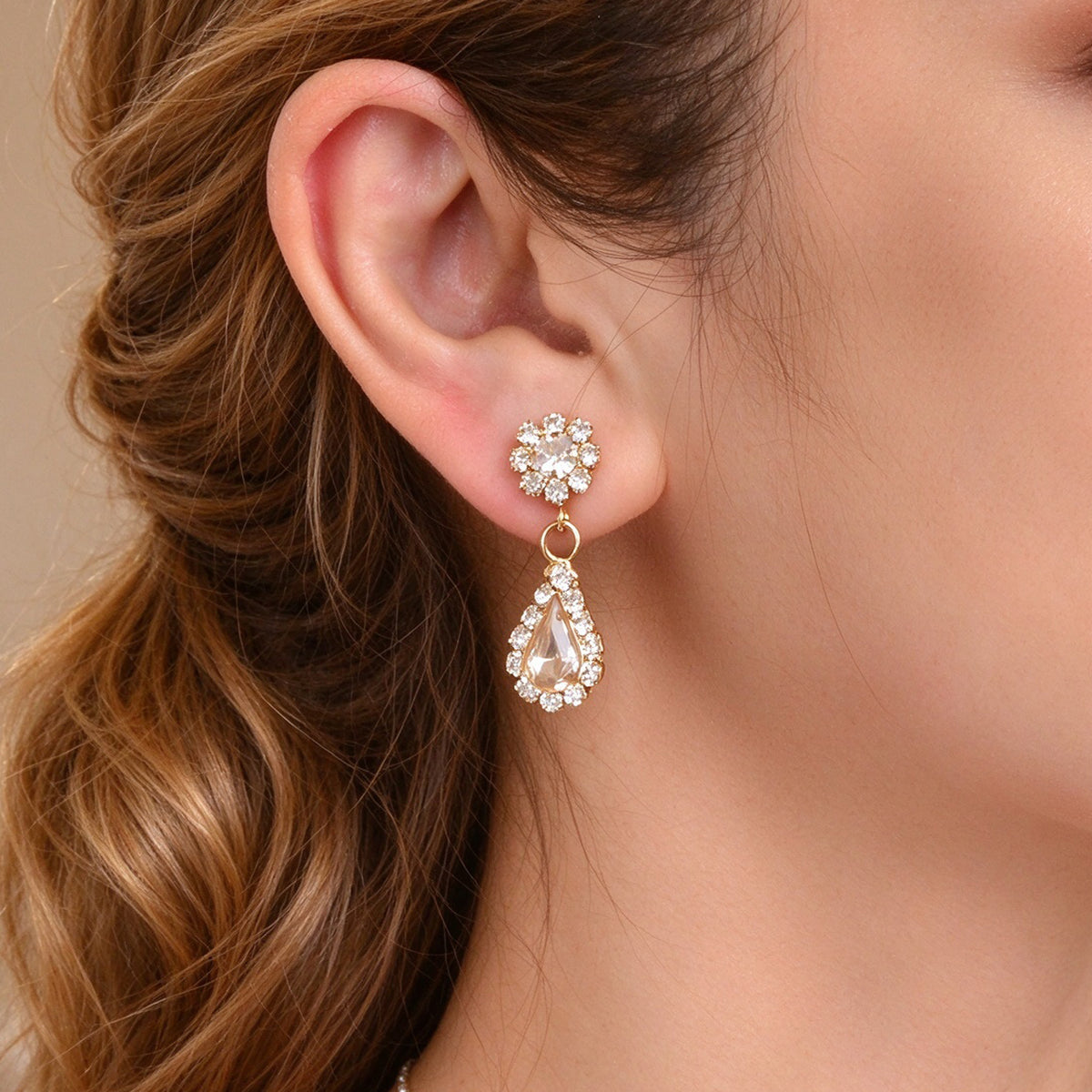 Elegant Pink Teardrop Drop Earrings Rhinestone Floral Stud Evening Party Jewelry