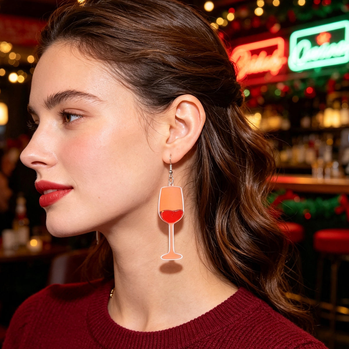 Fun Red Wine Cup Acrylic Dangle Earrings Christmas Party Bar Holiday Jewelry