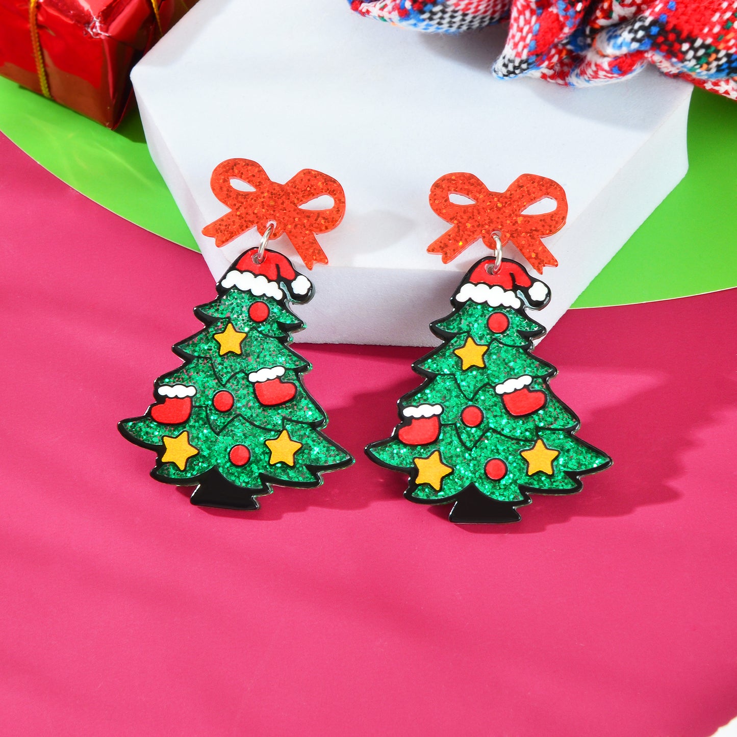 Shining Sequin Decor Acrylic Bow Christmas Tree Dangle Earrings Festival Jewelry