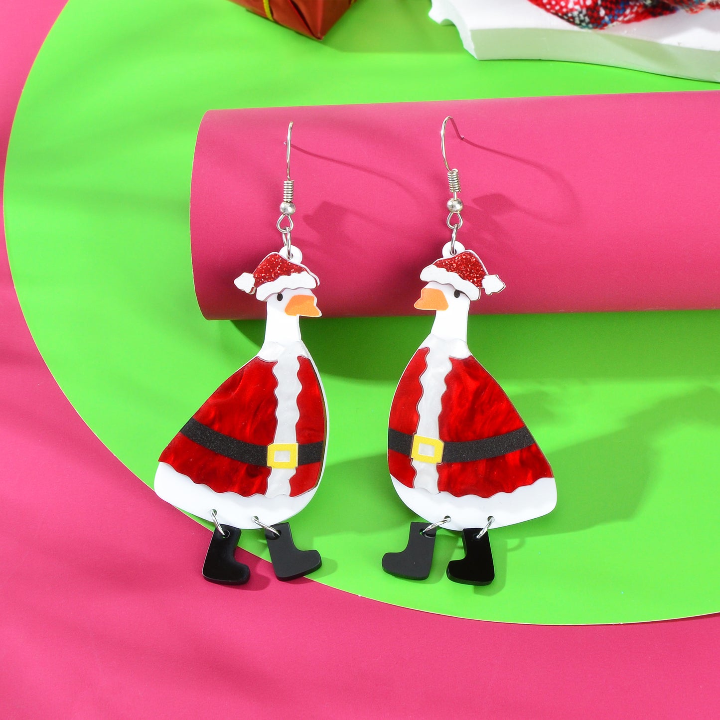 Christmas Jewellery Navidad Goose in Red Clothes Cartoon Design Acrylic Earrings