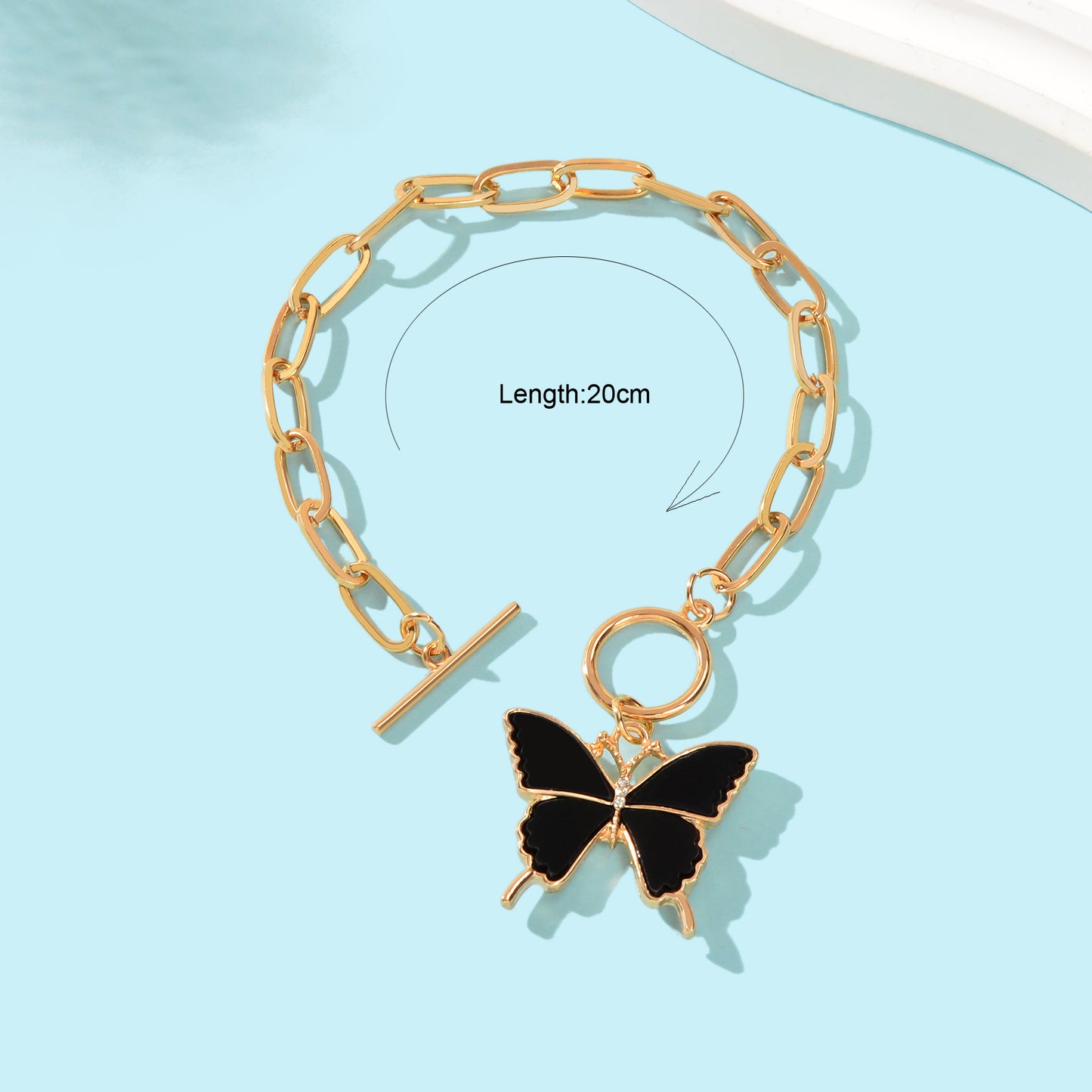 Elegant Thick Golden Link Chain Black Butterfly Charm Bracelet School Social Gatherings Party Jewelry