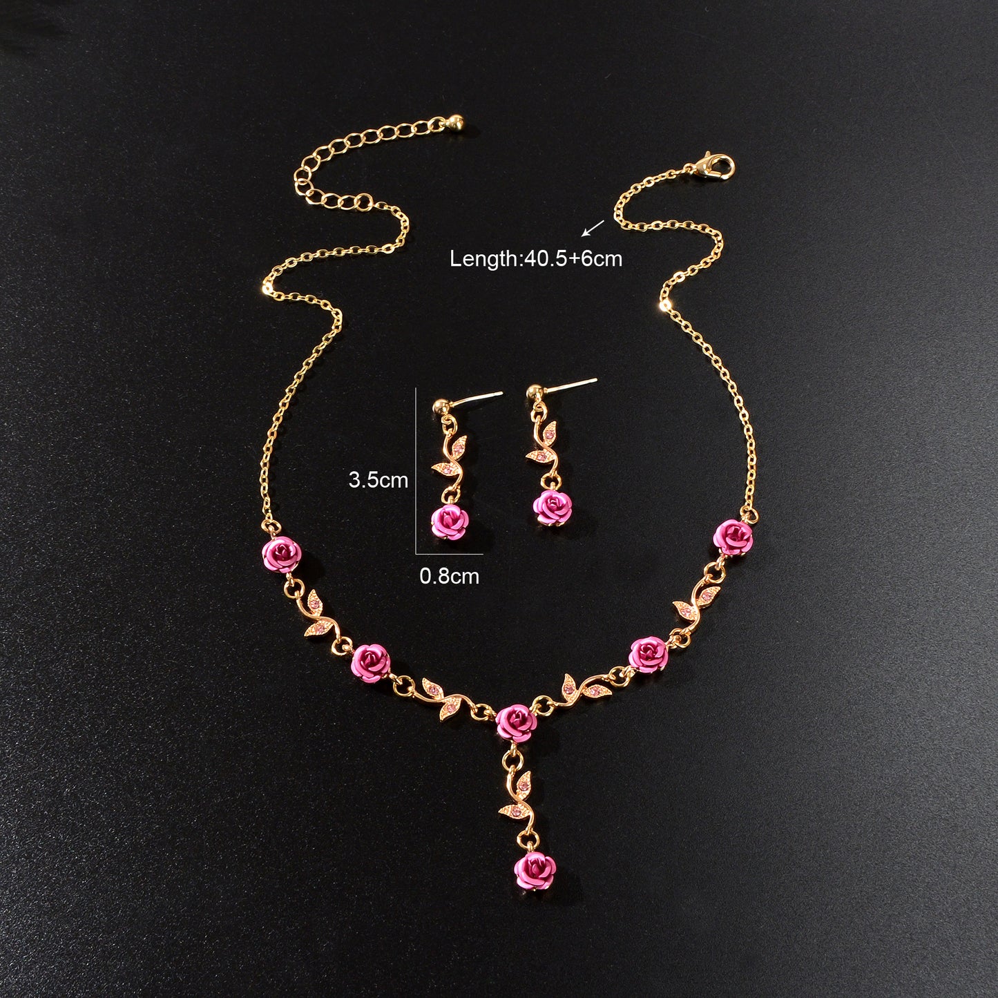 Golden Leaf Red Hot Pink Flower Pendant Necklace Dangle Earrings Jewellery set